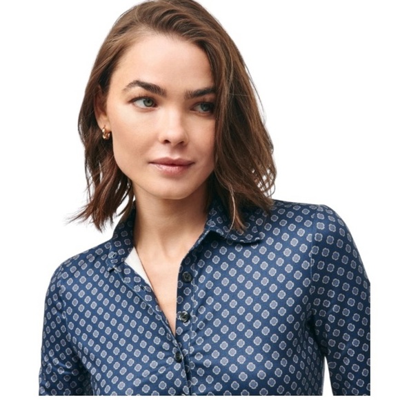 BROOK BROTHERS Women’s Blue Multi Stretch Jersey Polo in Seasonal Print Size L - Picture 3 of 10